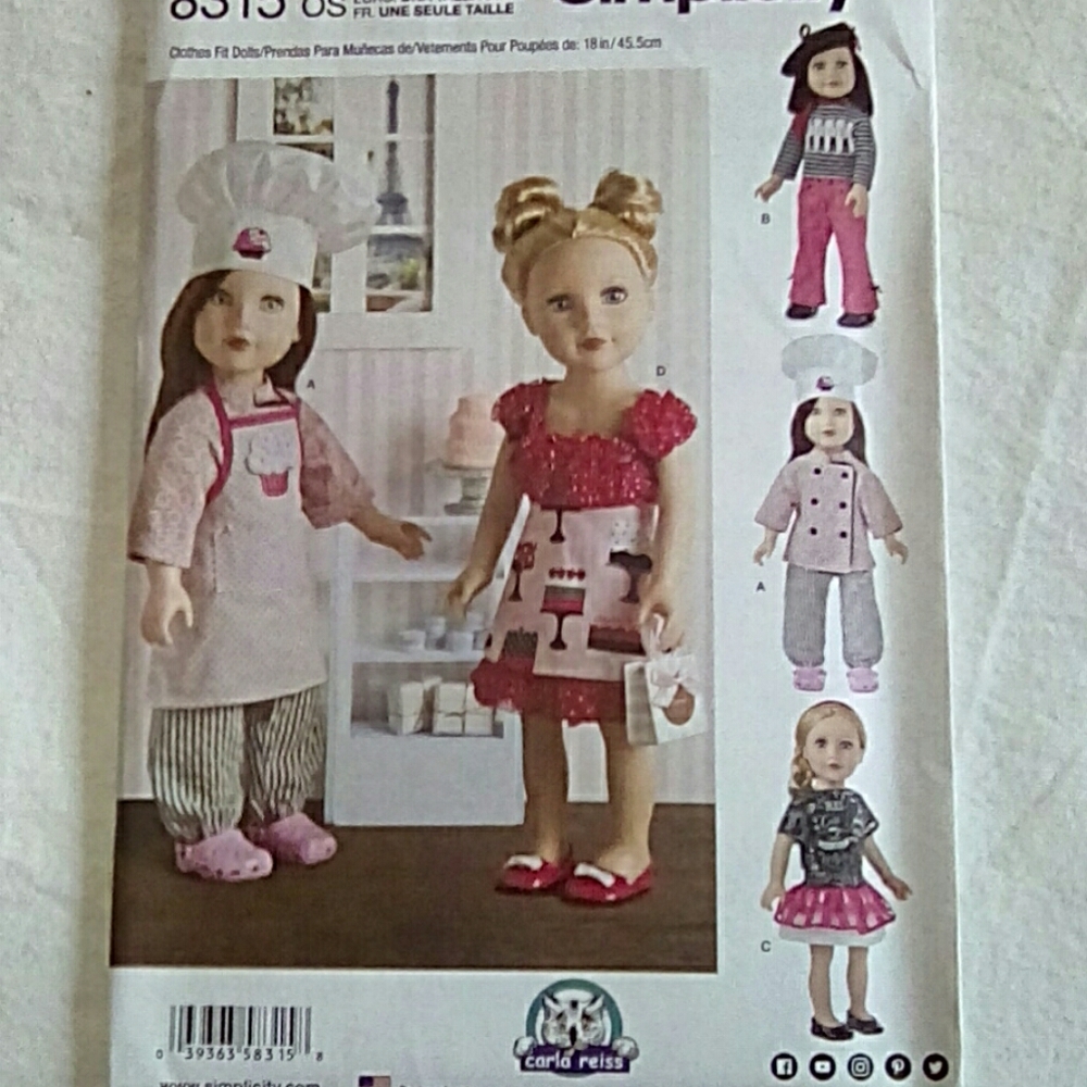 Simplicity 8315 Chef outfit for 18" dolls, American Girl Doll